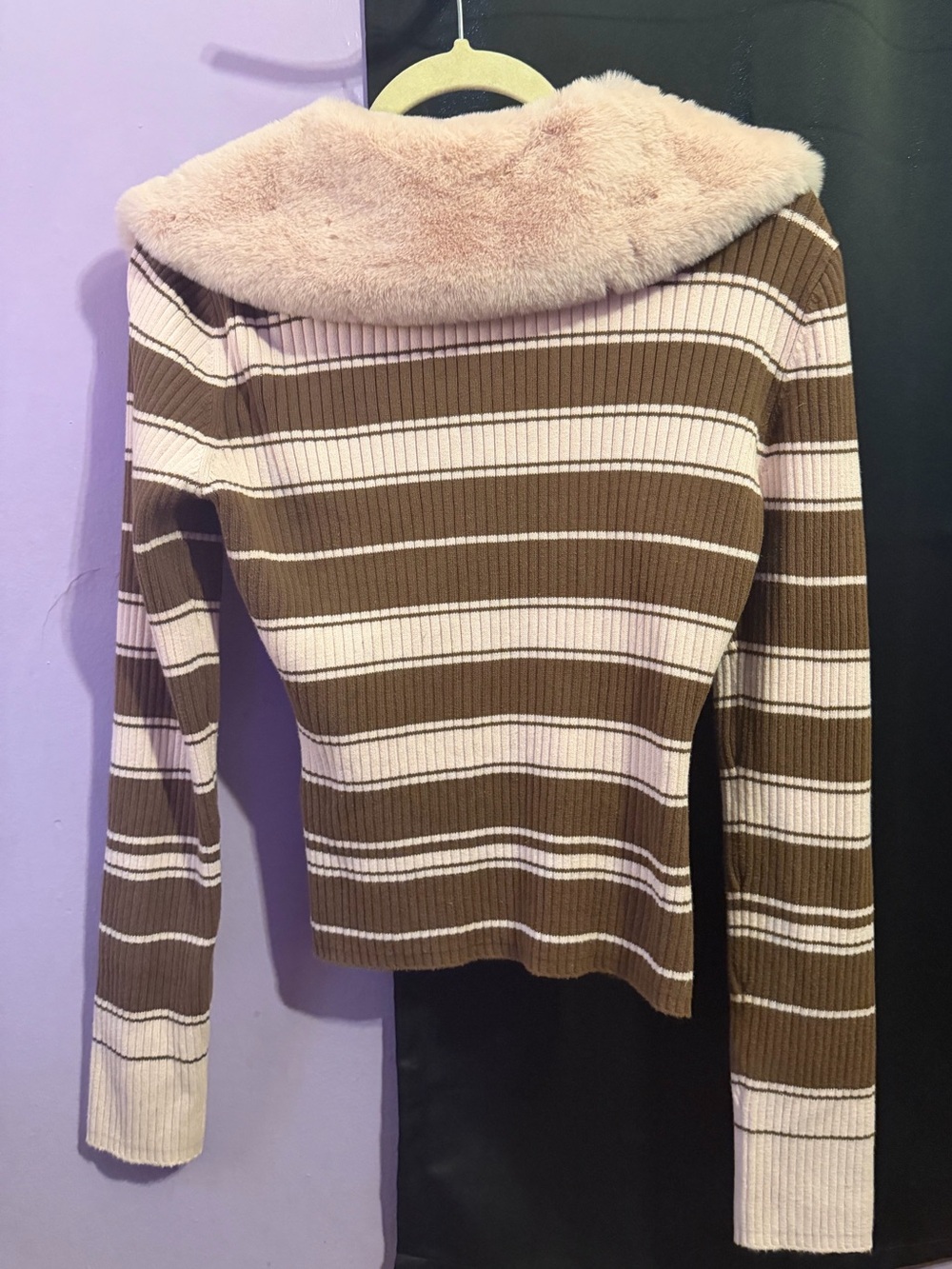Sugar Thrillz Faux Fur Collar Striped Zip-Up Jacket - Pink & Brown size Md/Large - Picture 8 of 9
